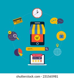 Flat design modern vector illustration icons set of website SEO optimization, mobile marketing and web analytics elements.