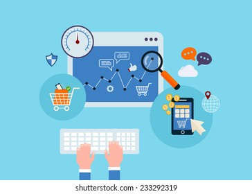 Flat design modern vector illustration icons set of website SEO optimization, mobile marketing and web analytics elements.