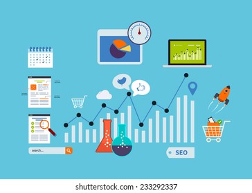 Flat design modern vector illustration icons set of website SEO optimization, mobile marketing and web analytics elements.