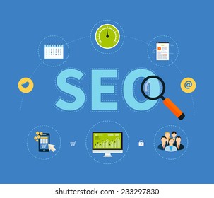 Flat design modern vector illustration icons set of website SEO optimization, mobile marketing and web analytics elements. Isolated on stylish colored background