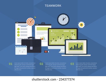 Flat design modern vector illustration concept of teamwork. Icons with laptop, computer, office objects with papers and documents.