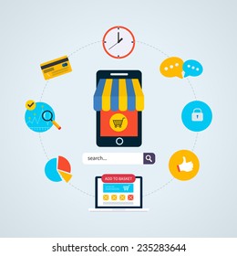 Flat design modern vector illustration icons set of mobile marketing, website SEO optimization,  and web analytics elements.