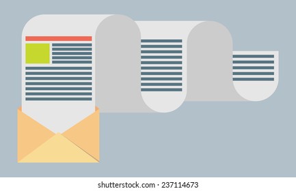 Flat design modern vector illustration concept of regularly distributed news publication via e-mail with some topics of interest to its subscribers.
