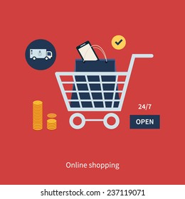 Flat design modern vector illustration icons set of online shopping and mobile marketing