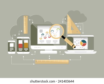 Flat design modern vector illustration concept of website analytics and computing data analysis with isolated laptop, computer, mobile phone and tablet