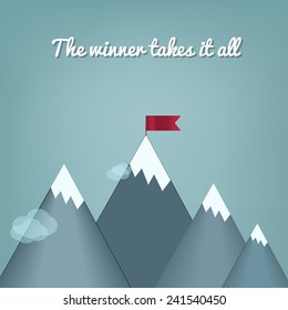 Flat design modern vector illustration concept with copy space of flag on the mountain peak, meaning overcoming difficulties, goal achievement, winning strategy with focus on results.