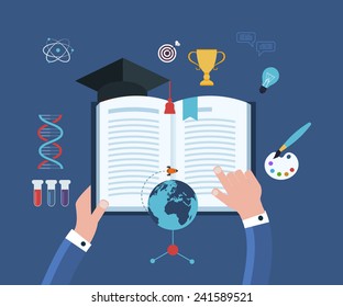 Flat design modern vector illustration icons set of online education and and e-learning. Online education proposes  courses for students of all worlds, courses from universities and colleges.