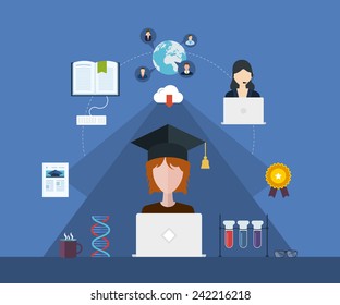 Flat design modern vector illustration icons set of online education and e-learning. Online course from universities and colleges proposes video-on-demand, forum, communication. 