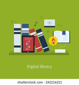 Flat design modern vector illustration icons set of online education and digital library