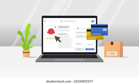 Concepto moderno de la ilustración vectorial del diseño plano de la compra del producto vía Internet usando el ordenador portátil y aislado en fondo elegante coloreado.
