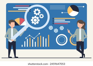 Flat Design moderne Vektorillustration Konzept der Unternehmensanalyse und -planung. Geschäftsmann mit Lupe nach Daten suchen