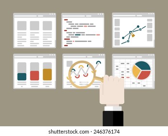 Flat design modern vector illustration concept of analytic with isolated computer windows and hand holding magnifier glass