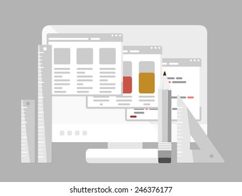 Flat design modern vector illustration concept of responsive web design and programming with isolated computer monitor, pencil and ruler
