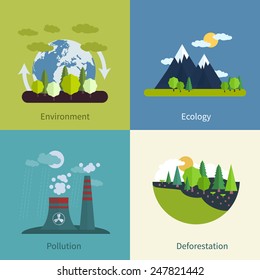 Flat design modern vector illustration icons set of environment, ecology, pollution and deforestation 