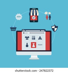 Flat design modern vector illustration icons set of online shopping, online store and mobile marketing. Full circle of online-shopping with mail menu of wide range products. Success for retail.