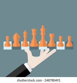 Flat design modern vector illustration concept of chess pieces with isolated king, queen, bishop, rook, knight and pawn