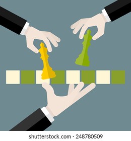 Flat design modern vector illustration concept of strategy with isolated hands holding chess pieces over chessboard