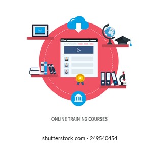 Flat design modern vector illustration icons set of online education and e-learning. Online course from universities and colleges proposes video-on-demand, forum, communication.