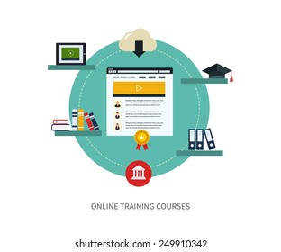 Flat design modern vector illustration icons set of online education and e-learning. Online course from universities and colleges proposes video-on-demand, forum, communication.