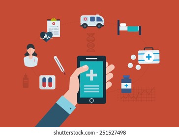 Flat design modern vector illustration concept for medical care, online medical diagnosis and first aid