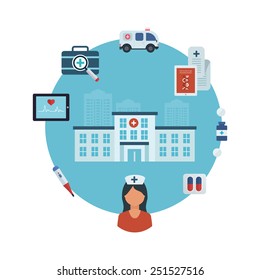 Flat design modern vector illustration concept for healthcare, medical center and hospital building