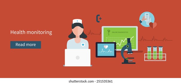 Flat design modern vector illustration concept for health care and online diagnosis. Healthcare system concept. 