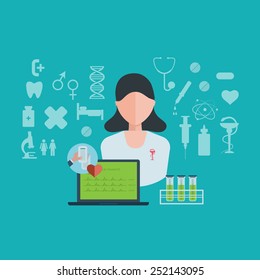 Flat design modern vector illustration concept for health care and online diagnosis. Healthcare system concept. 
