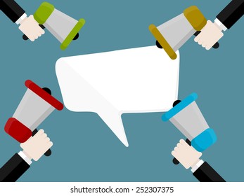 Flat design modern vector illustration concept of competition promotion with isolated hands holding bullhorn and speech bubble