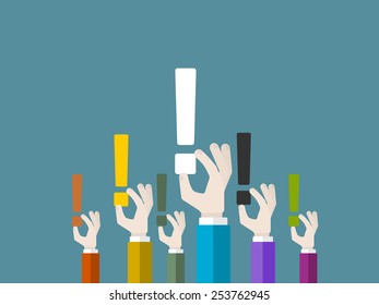 Flat design modern vector illustration concept of wondering with isolated hands holding exclamation marks