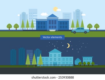 Flat design modern vector illustration icons set of urban landscape and education. School and university building icon