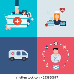 Flat design modern vector illustration concept for health care, medical help, ambulance car and medical research. Vector illustration