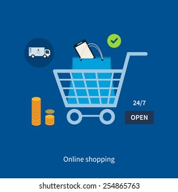 Flat design modern vector illustration icons set of online shopping and mobile marketing