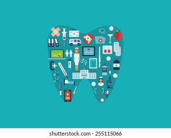 Flat design modern vector illustration concept for healthcare, help, medical center and hospital building, online services and support. All elements are presented as tooth