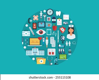 Flat design modern vector illustration concept for healthcare, medical help, medical center and hospital building, services and support. All elements are presented as circle