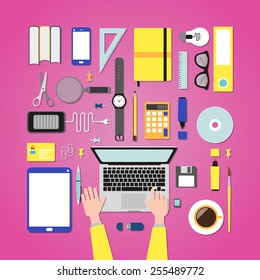 Flat design modern vector illustration concept of creative office workspace, workplace with computer. Top view of desk background with laptop, digital devices, office objects, books and documents.