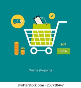 Flat design modern vector illustration icons set of online shopping and mobile marketing