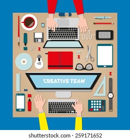 Flat design modern vector illustration concept of creative office workspace, workplace with computer. Top view of desk background with laptop, digital devices, office objects, books and documents.