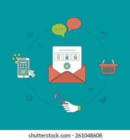 Flat design modern vector illustration icons set of email marketing, online shopping and mobile marketing. Thin line icons. Vector illustration of subscribe and wide range products.
