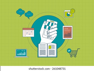 Flat design modern vector illustration icons set of distance education, e-learning and mobile marketing