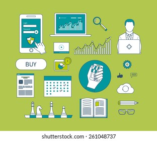 Flat design modern vector illustration icons set of distance education, marketing research, time management, consulting services and mobile marketing
