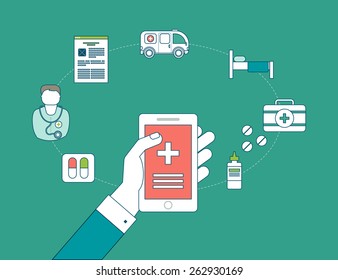 Flat design modern vector illustration concept for medical care, online medical diagnosis and first aid