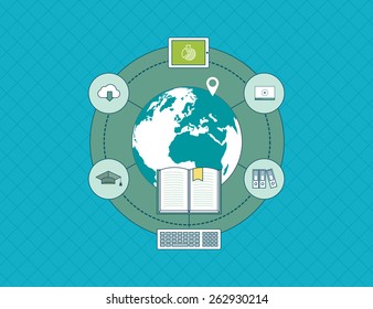Flat design modern vector illustration icons set of online education and e-learning. Online course from universities and colleges proposes video-on-demand, forum, communication. 