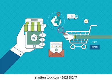 Flat design modern vector illustration icons set of online shopping, pay per click and mobile marketing.  Thin line icons  