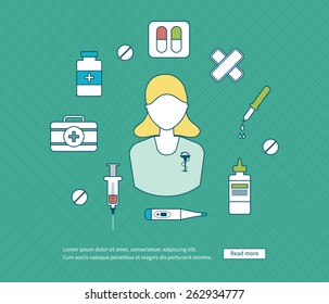 Flat design modern vector illustration concept for health care, medical help and training nurses. Vector illustration 
