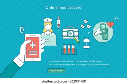 Flat design modern vector illustration concept for medical care, online medical diagnosis and first aid. Thin line icons  