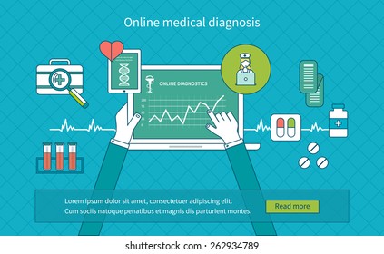 Flat design modern vector illustration concept for health care and online diagnosis. Healthcare system concept. Thin line icons  