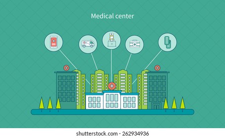 Flat design modern vector illustration concept for healthcare, medical center and hospital building 