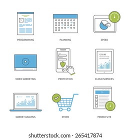 Flat design modern vector illustration concept for planning, programming, video marketing, protection, market analysis and cloud services. Thin line icons. Modern flat line design element vector.