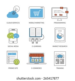 Flat design modern vector illustration concept for cloud services, mobile marketing, programming, social media, e-learning, market research and e-commerce. Thin line icons. 