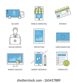 Flat Design Modern Vector Illustration Concept For Delivery, Mobile Marketing, Payment, Online Service, Video Marketing, Protection, Market Research And Market Analysis. Thin Line Icons. 